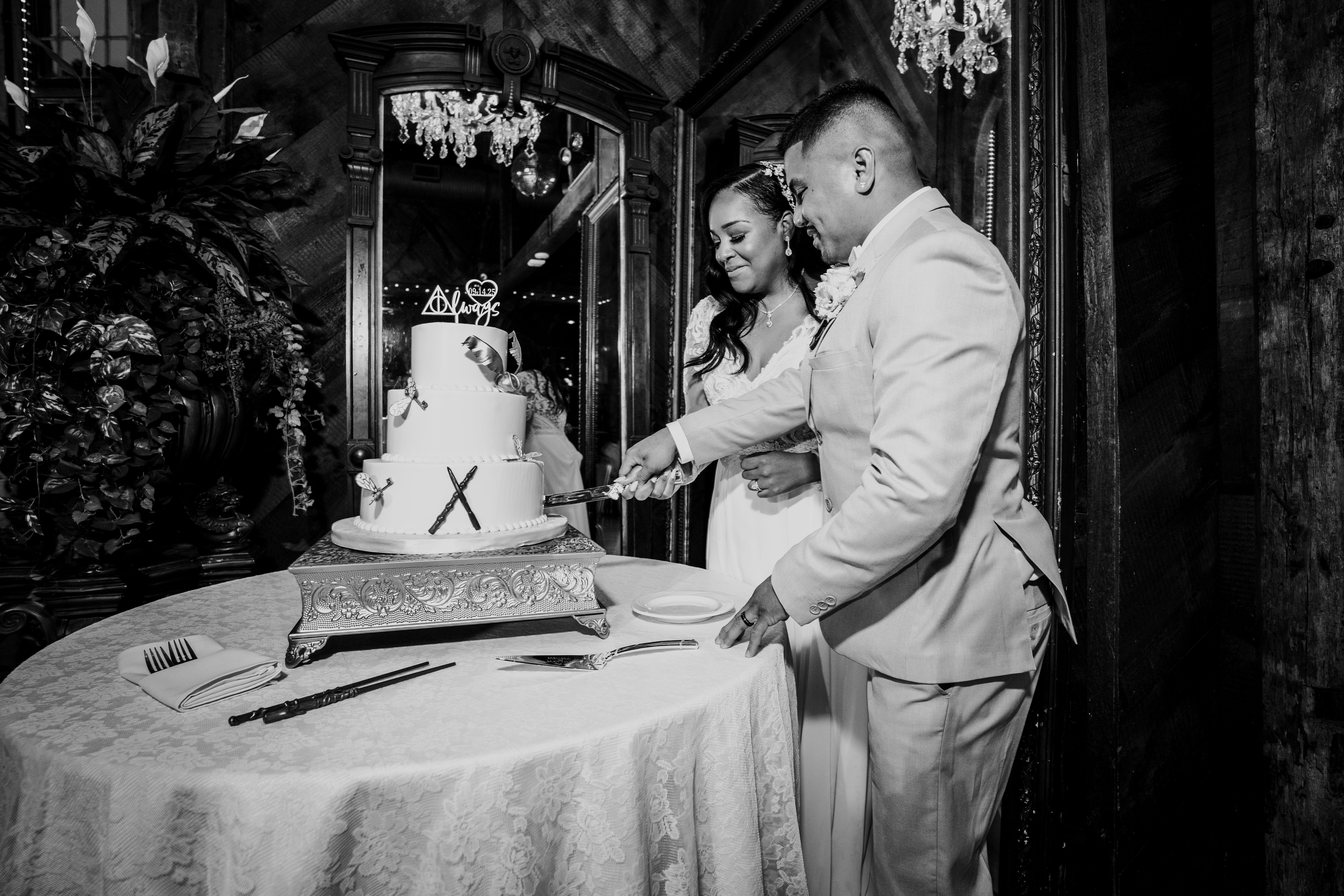 The bride and groom cut their elegant two-tier wedding cake together in a luxuriously decorated indoor venue. The cake features a Harry Potter Deathly Hallows s