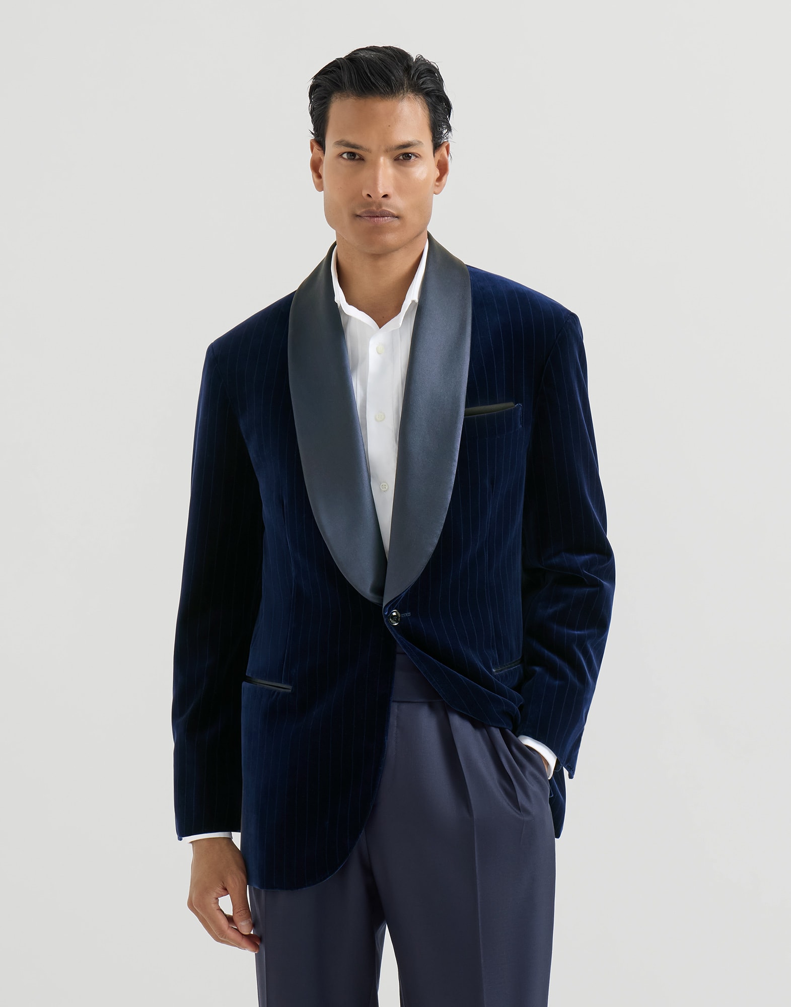 Brunello Cucinelli navy velvet tuxedo jacket with shawl lapels