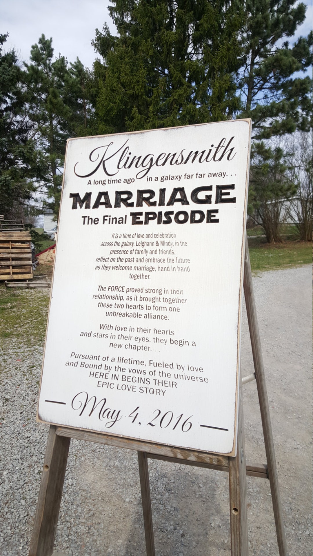 Carved wooden Star Wars marriage sign
