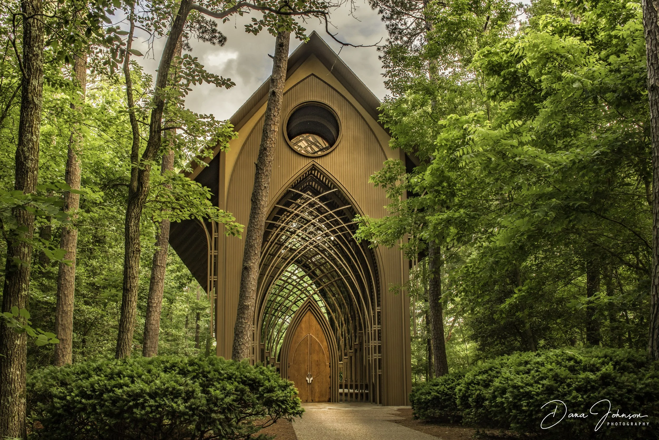 Mildred B. Cooper Memorial Chapel wooden arches among the trees